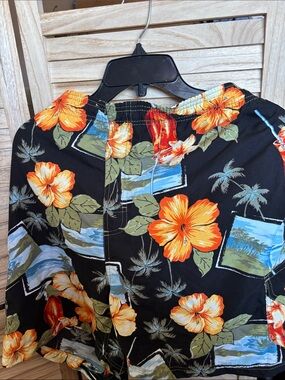 Mens sand and Sun black swim trunks with Orange Floral Print Large